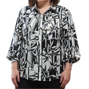 Equation Black White Patterned Silky Polyester Button Front Blouse Plus Size 2X